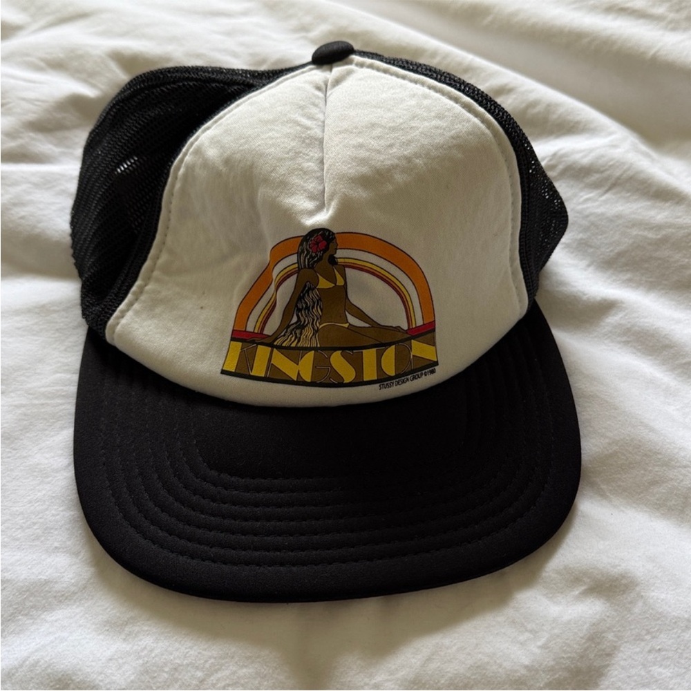 Stussy Black and White Trucker Hat with Graphic